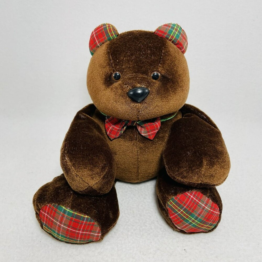Vtg 87 Hallmark Christmas Bently Bear Plush Toy Jingle Bell Rattle Plaid Bow Tie